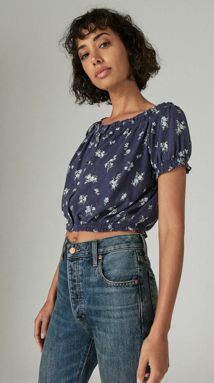 Lucky Brand Feminine Bubble Hem With Buttons Blouse Top navy blue floral print